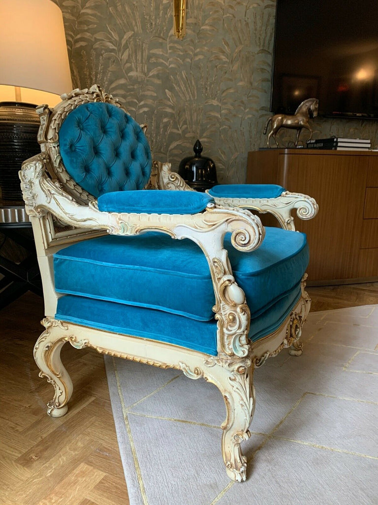 Genuine Silik Italian rococo armchair with George smith turquoise fabric