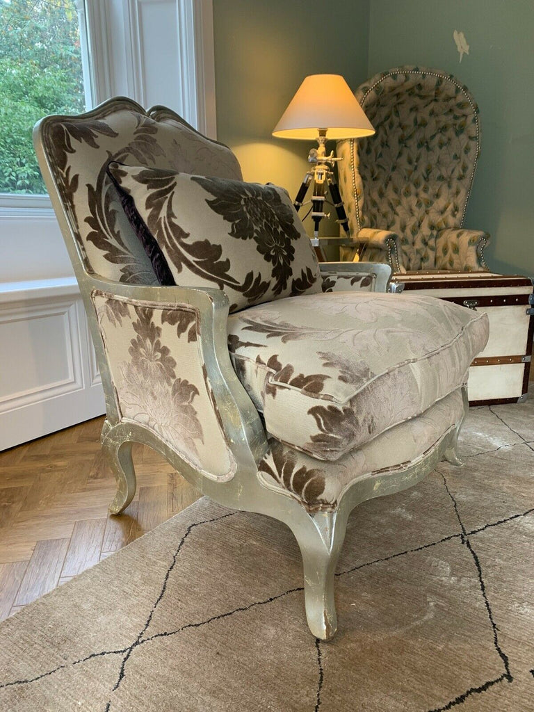 Duresta Opera oversized armchair antiqued gilt silver frame,