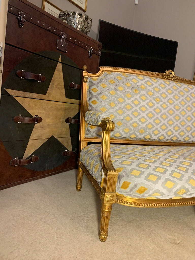 Harrods Retailed Boffi Gold Gilt salon sofa settee, mustard & silver ikat Velvet