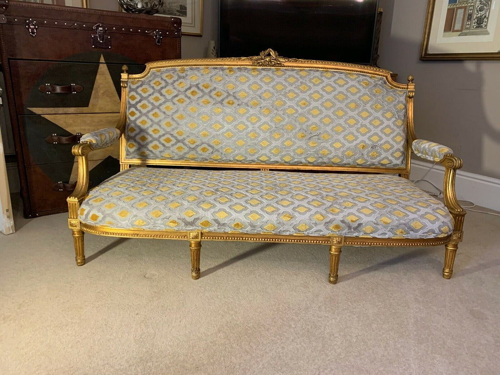 Harrods Retailed Boffi Gold Gilt salon sofa settee, mustard & silver ikat Velvet