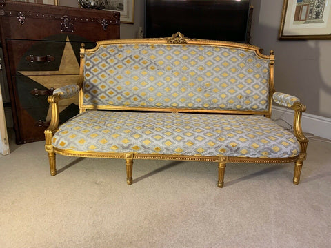 Harrods Retailed Boffi Gold Gilt salon sofa settee, mustard & silver ikat Velvet