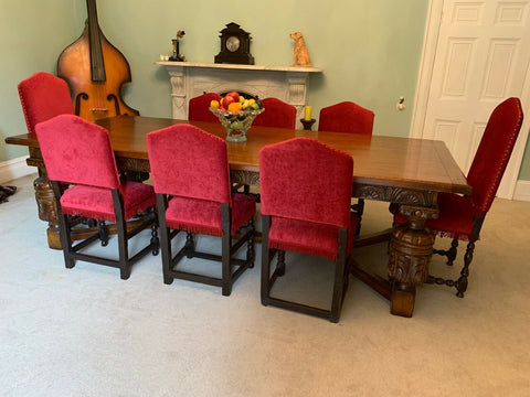 Royal Oak Extra Large solid Oak Jacobean dining table & 8 red velvet chairs