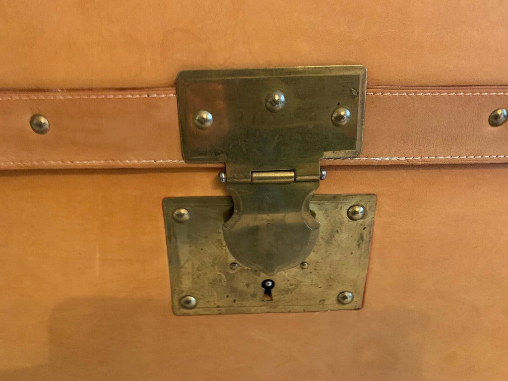Harrods retailed Tan leather large steamer trunk chest, leather wood & Brass