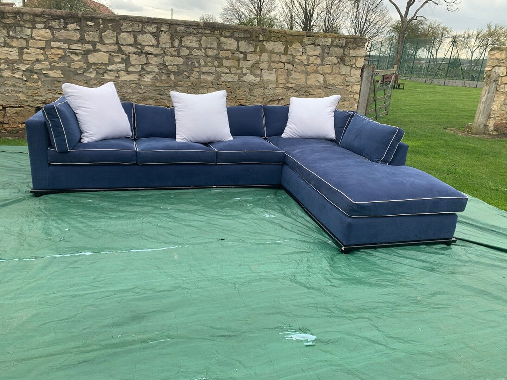 HUGE Blue linen & white piping 355cm wide feather filled L shaped corner sofa