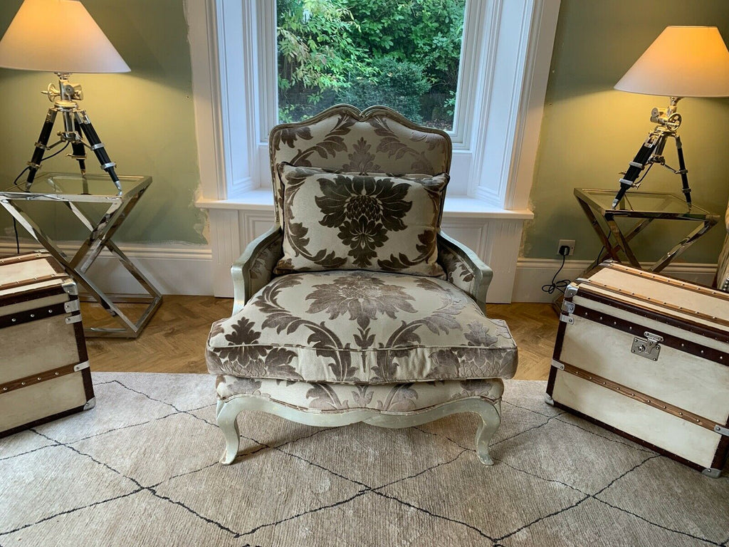 Duresta Opera oversized armchair antiqued gilt silver frame,