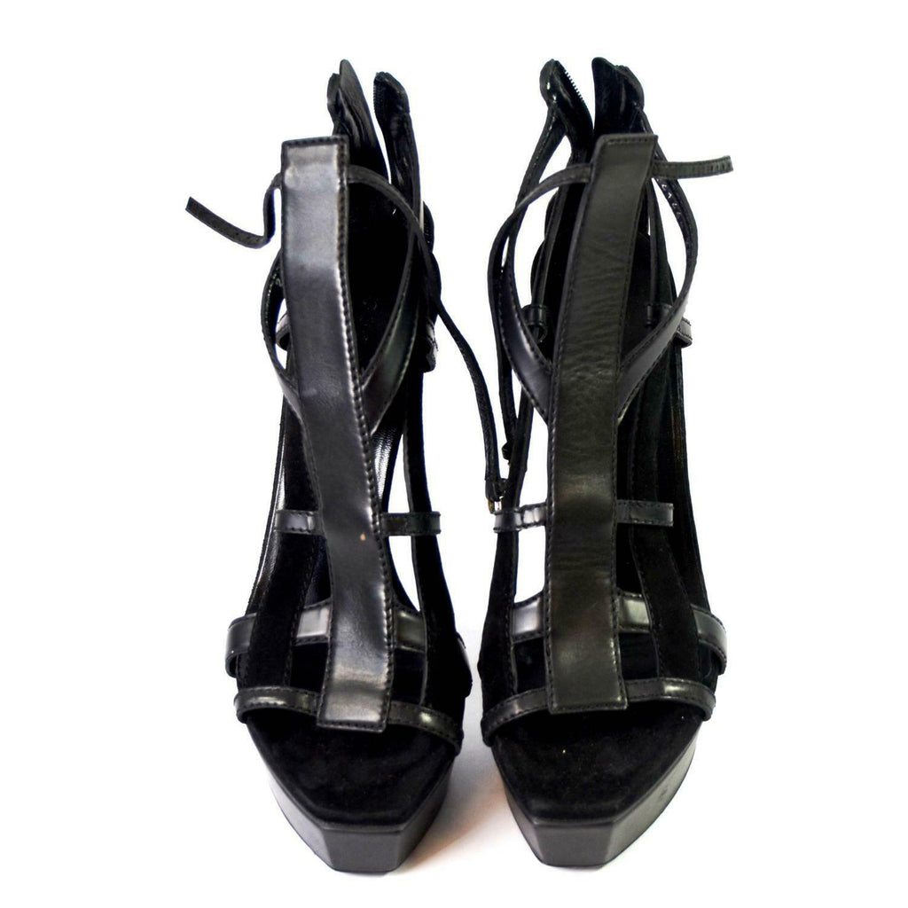 Gucci Black leather strapped ultra high heel shoes size 38.5  size 6 cost £950