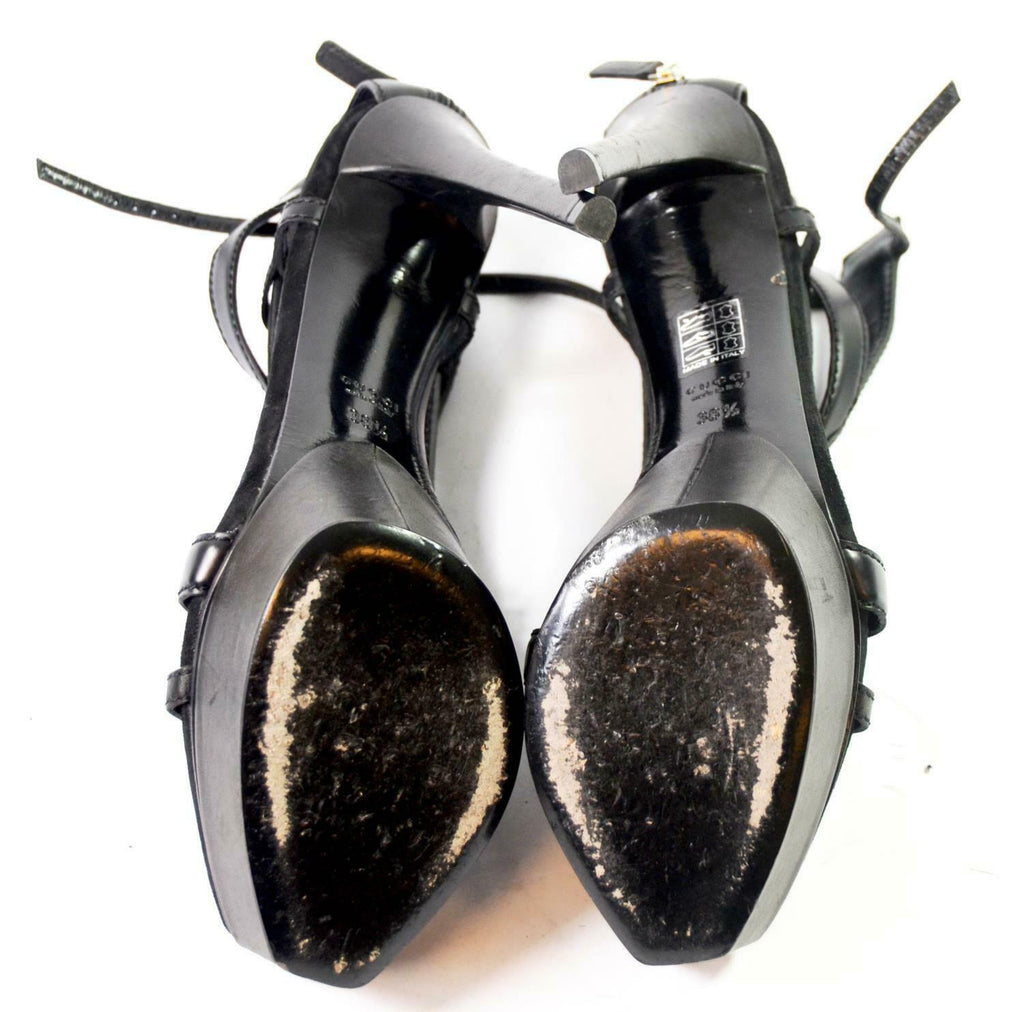 Gucci Black leather strapped ultra high heel shoes size 38.5  size 6 cost £950