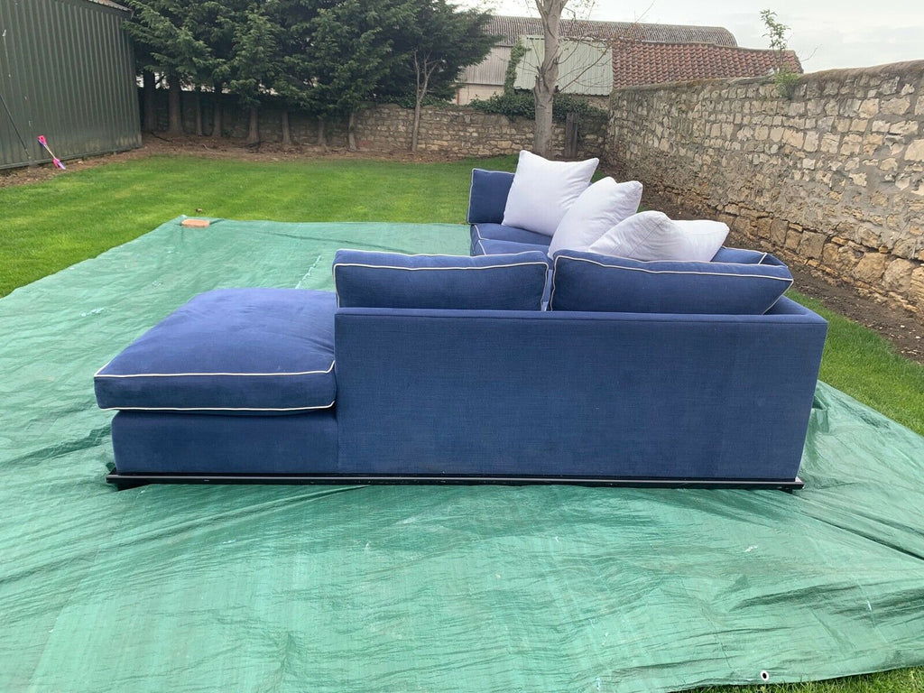 HUGE Blue linen & white piping 355cm wide feather filled L shaped corner sofa