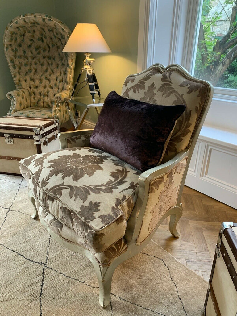 Duresta Opera oversized armchair antiqued gilt silver frame,