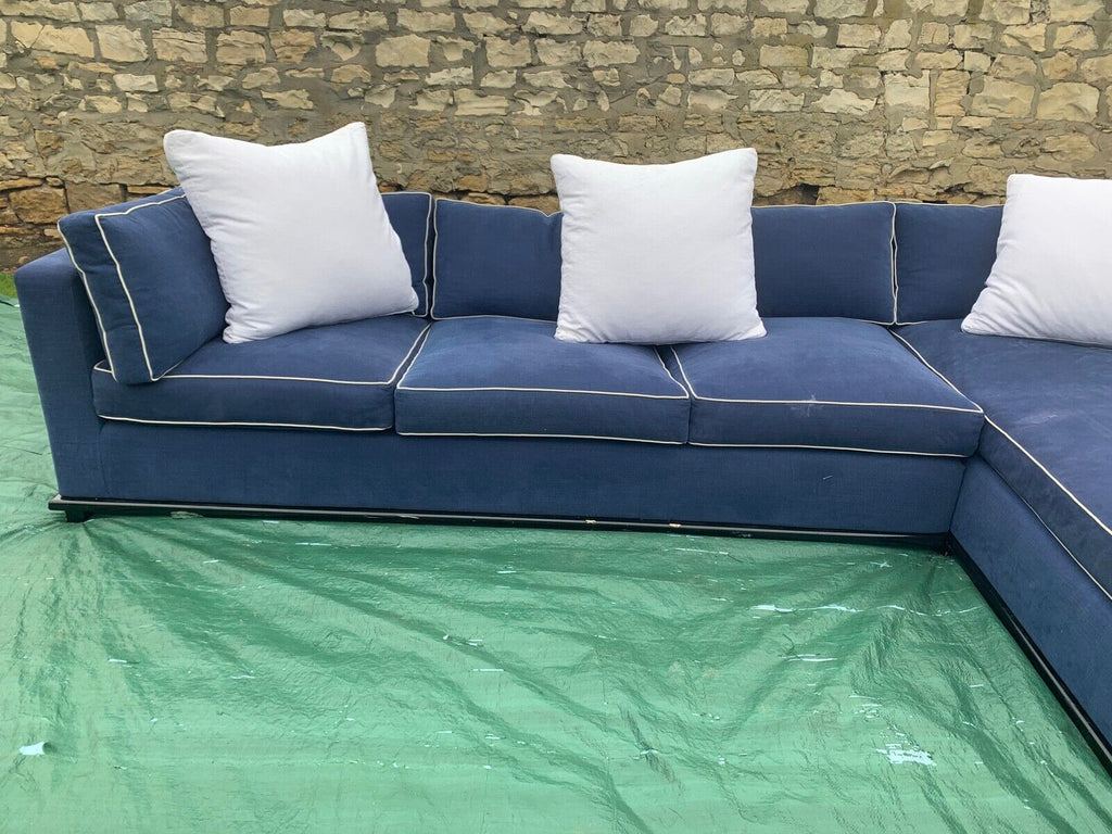 HUGE Blue linen & white piping 355cm wide feather filled L shaped corner sofa