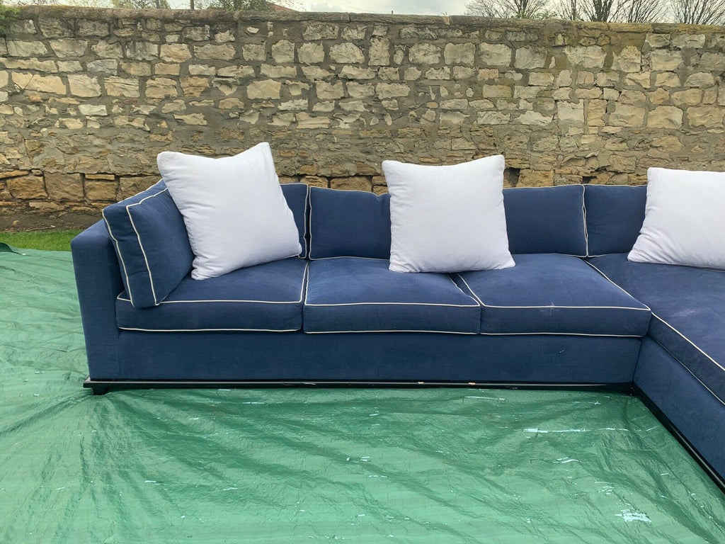 HUGE Blue linen & white piping 355cm wide feather filled L shaped corner sofa