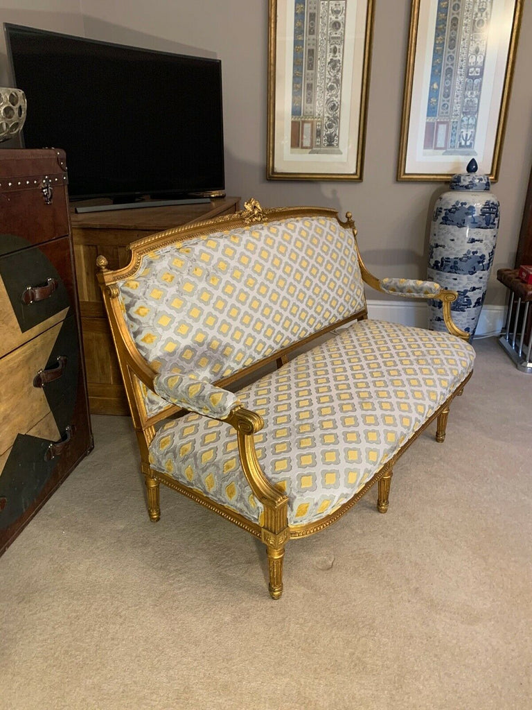 Harrods Retailed Boffi Gold Gilt salon sofa settee, mustard & silver ikat Velvet