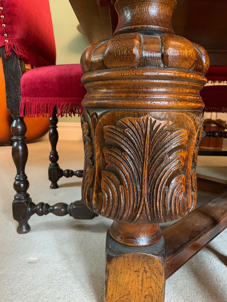 Royal Oak Extra Large solid Oak Jacobean dining table & 8 red velvet chairs