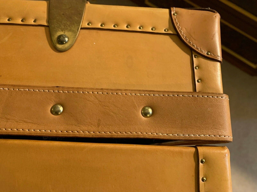 Harrods retailed Tan leather large steamer trunk chest, leather wood & Brass