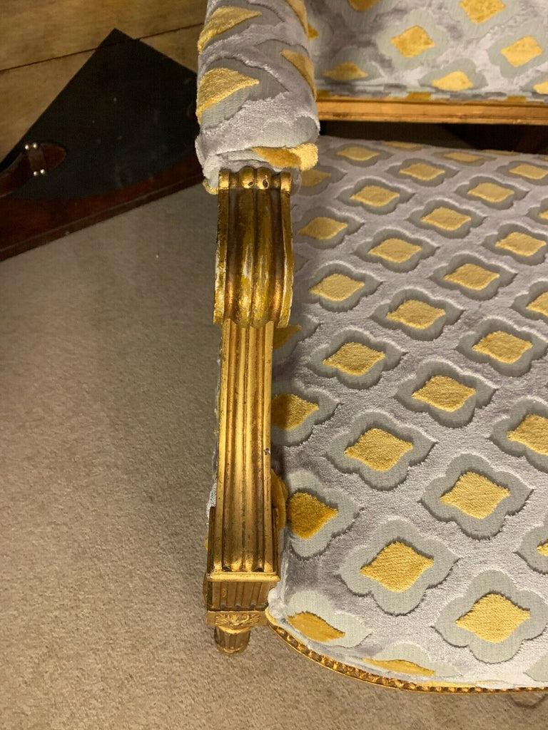 Harrods Retailed Boffi Gold Gilt salon sofa settee, mustard & silver ikat Velvet