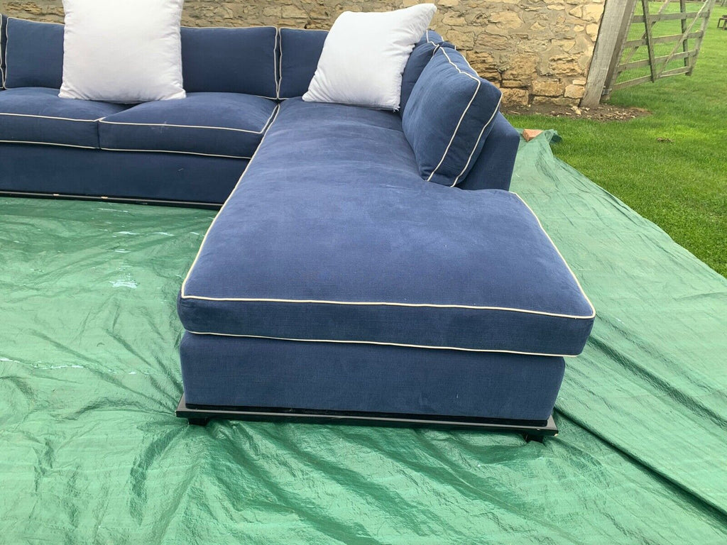 HUGE Blue linen & white piping 355cm wide feather filled L shaped corner sofa