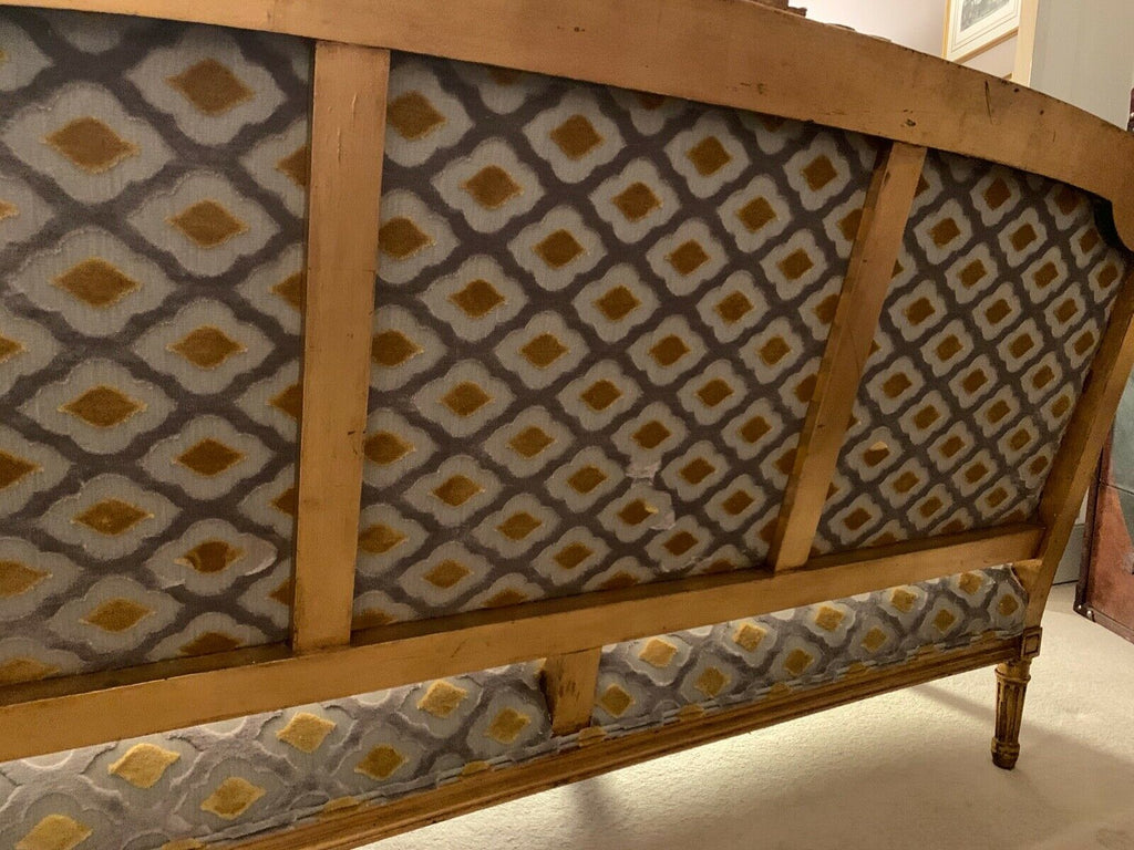 Harrods Retailed Boffi Gold Gilt salon sofa settee, mustard & silver ikat Velvet