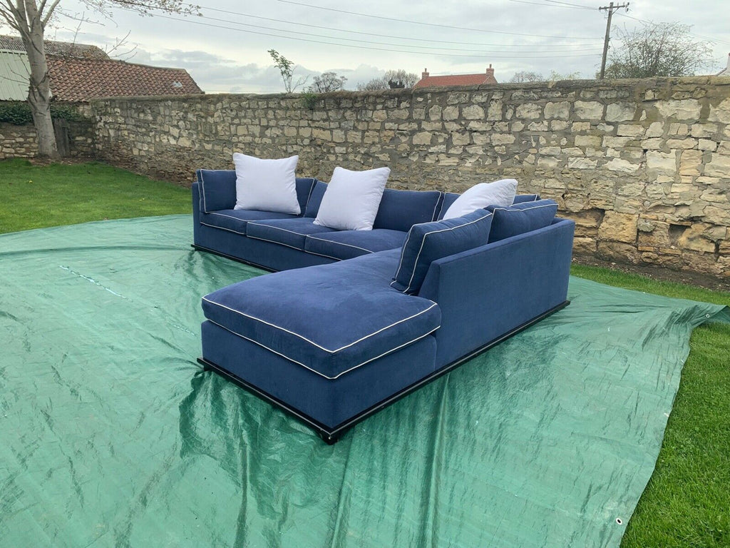 HUGE Blue linen & white piping 355cm wide feather filled L shaped corner sofa
