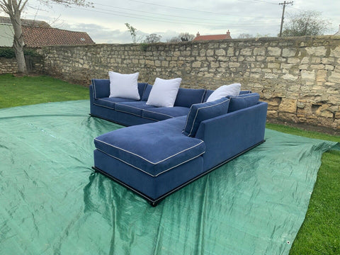 HUGE Blue linen & white piping 355cm wide feather filled L shaped corner sofa