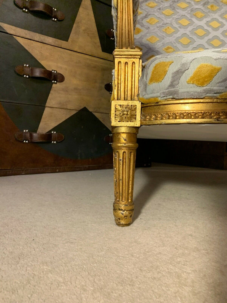 Harrods Retailed Boffi Gold Gilt salon sofa settee, mustard & silver ikat Velvet