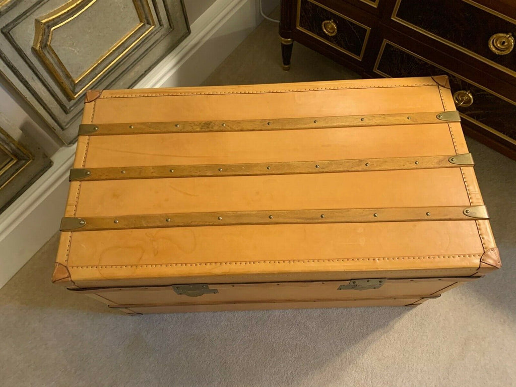Harrods retailed Tan leather large steamer trunk chest, leather wood & Brass