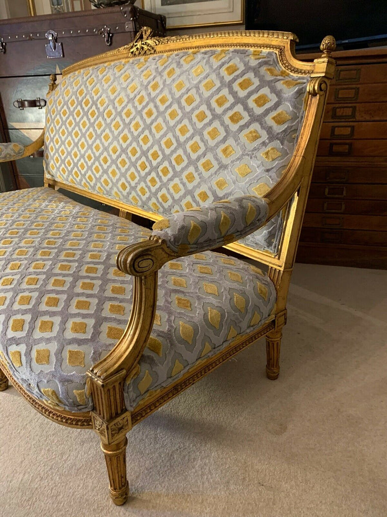 Harrods Retailed Boffi Gold Gilt salon sofa settee, mustard & silver ikat Velvet