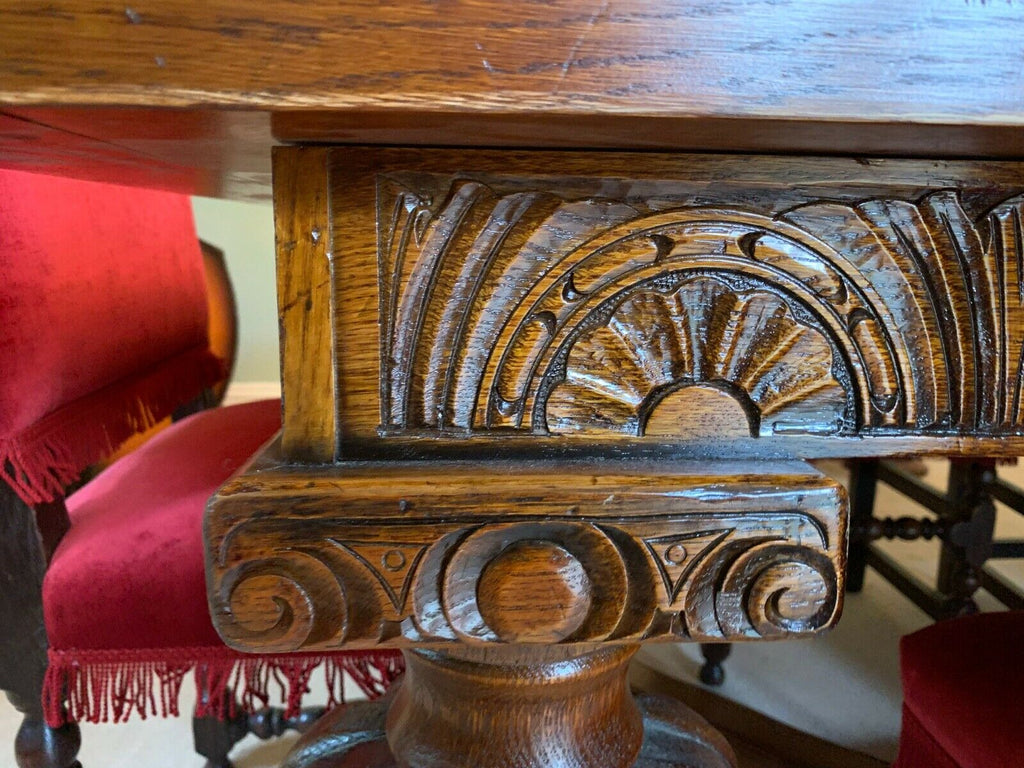 Royal Oak Extra Large solid Oak Jacobean dining table & 8 red velvet chairs