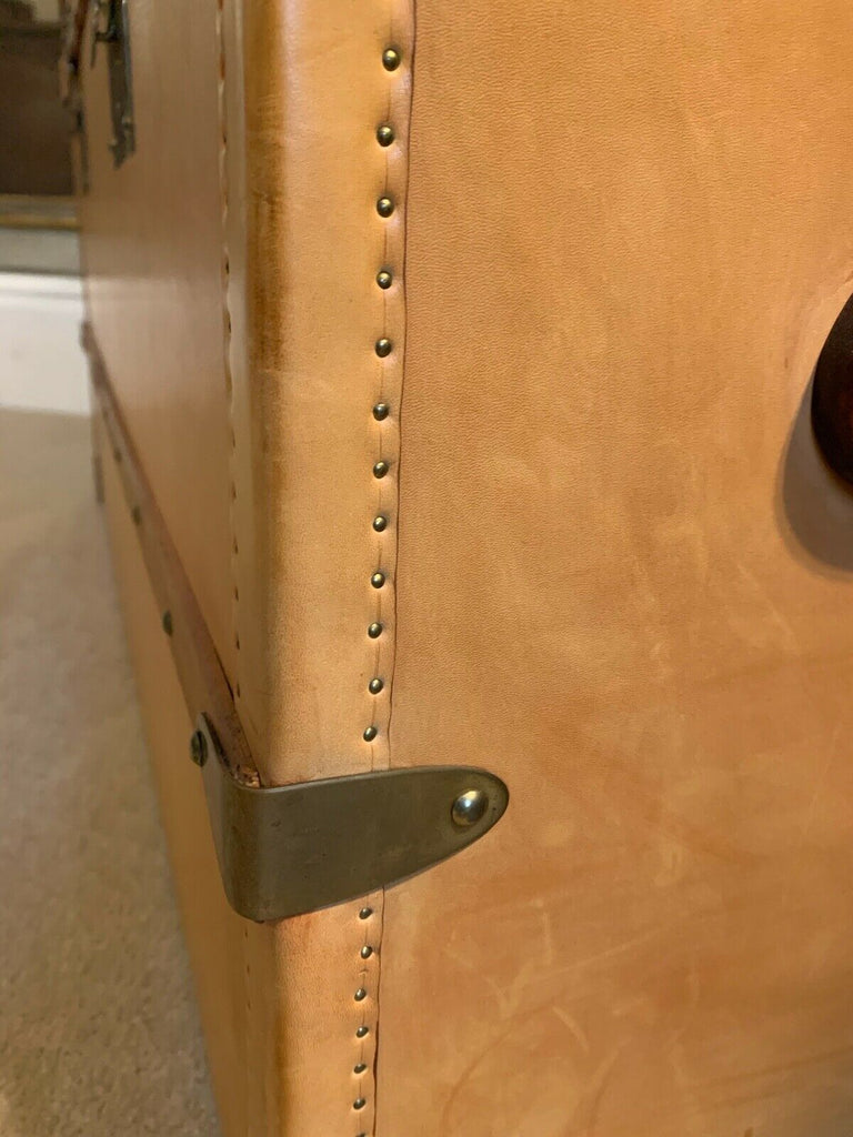 Harrods retailed Tan leather large steamer trunk chest, leather wood & Brass