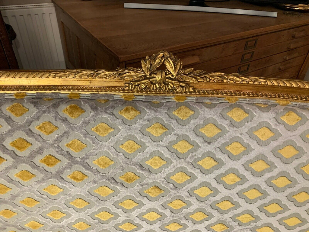 Harrods Retailed Boffi Gold Gilt salon sofa settee, mustard & silver ikat Velvet