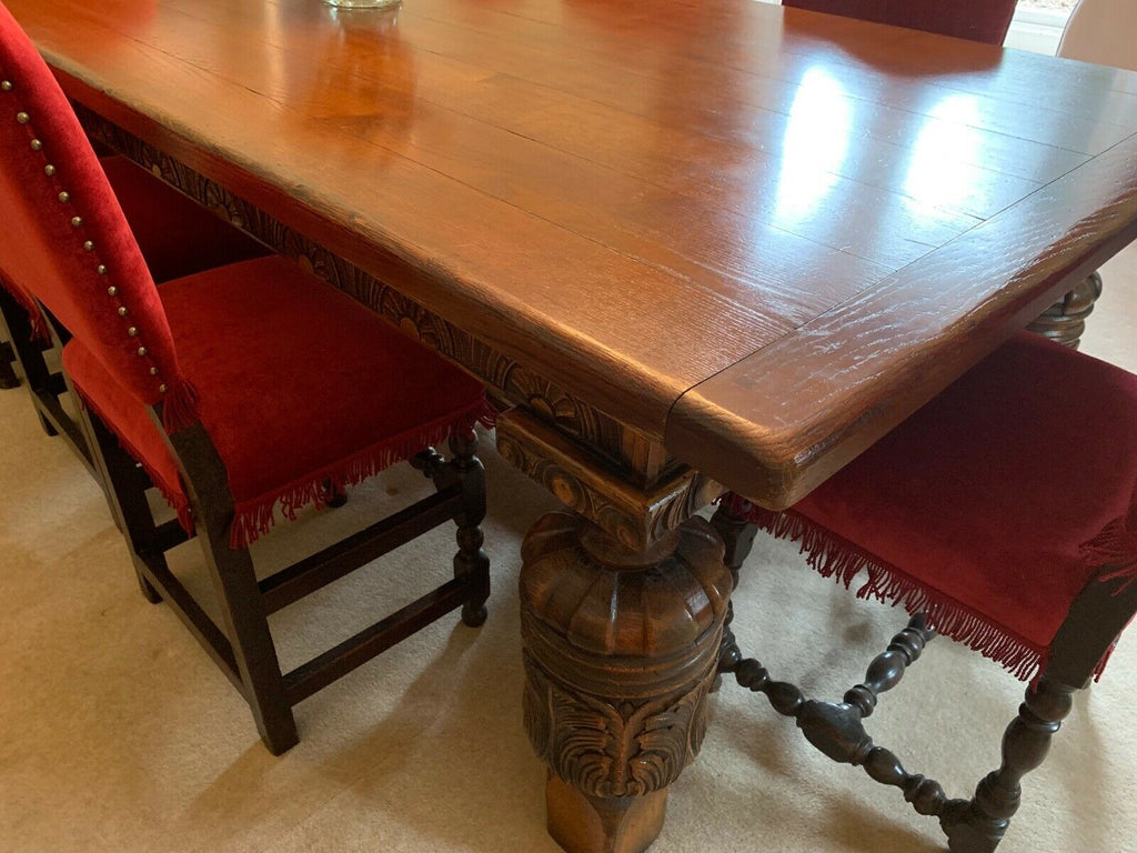 Royal Oak Extra Large solid Oak Jacobean dining table & 8 red velvet chairs