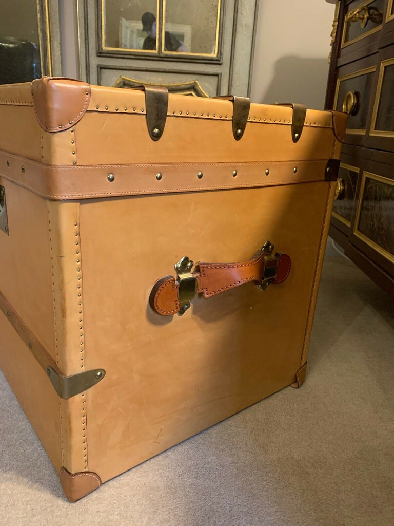 Harrods retailed Tan leather large steamer trunk chest, leather wood & Brass