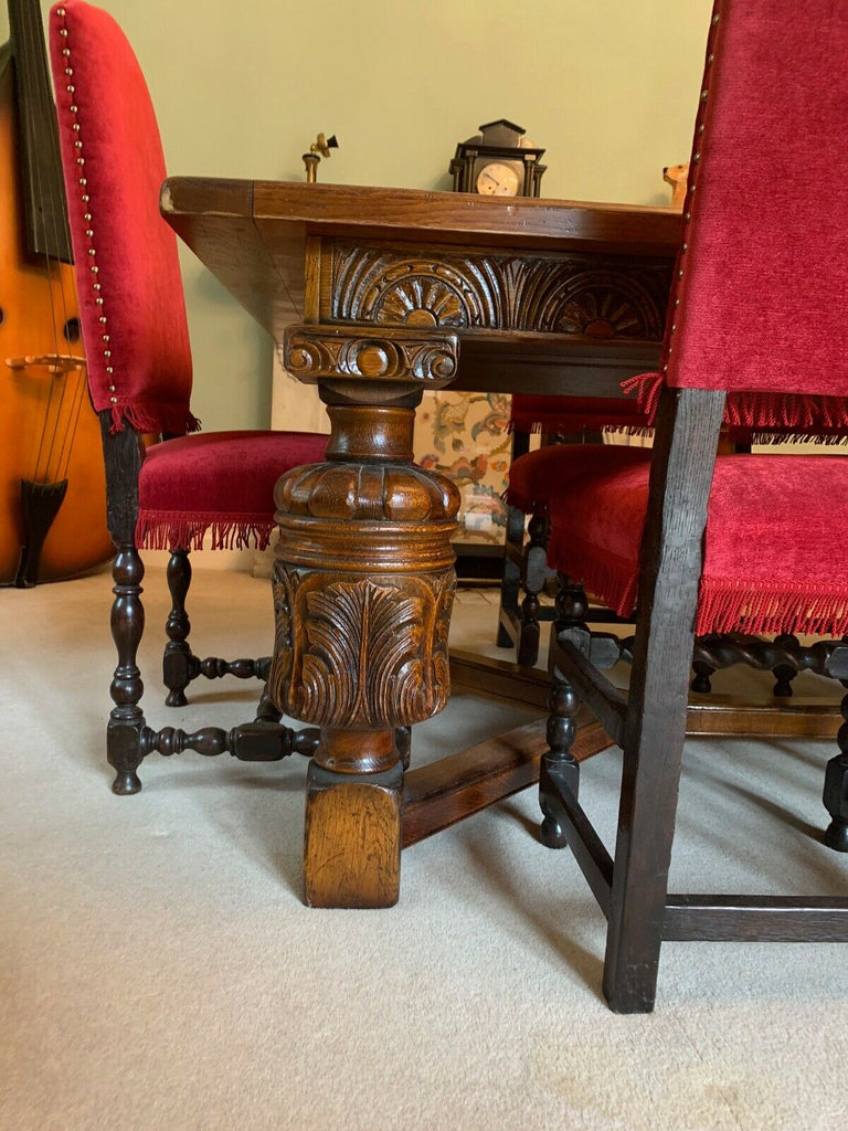 Royal Oak Extra Large solid Oak Jacobean dining table & 8 red velvet chairs