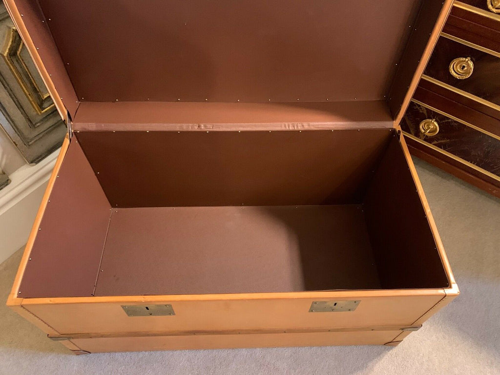 Harrods retailed Tan leather large steamer trunk chest, leather wood & Brass