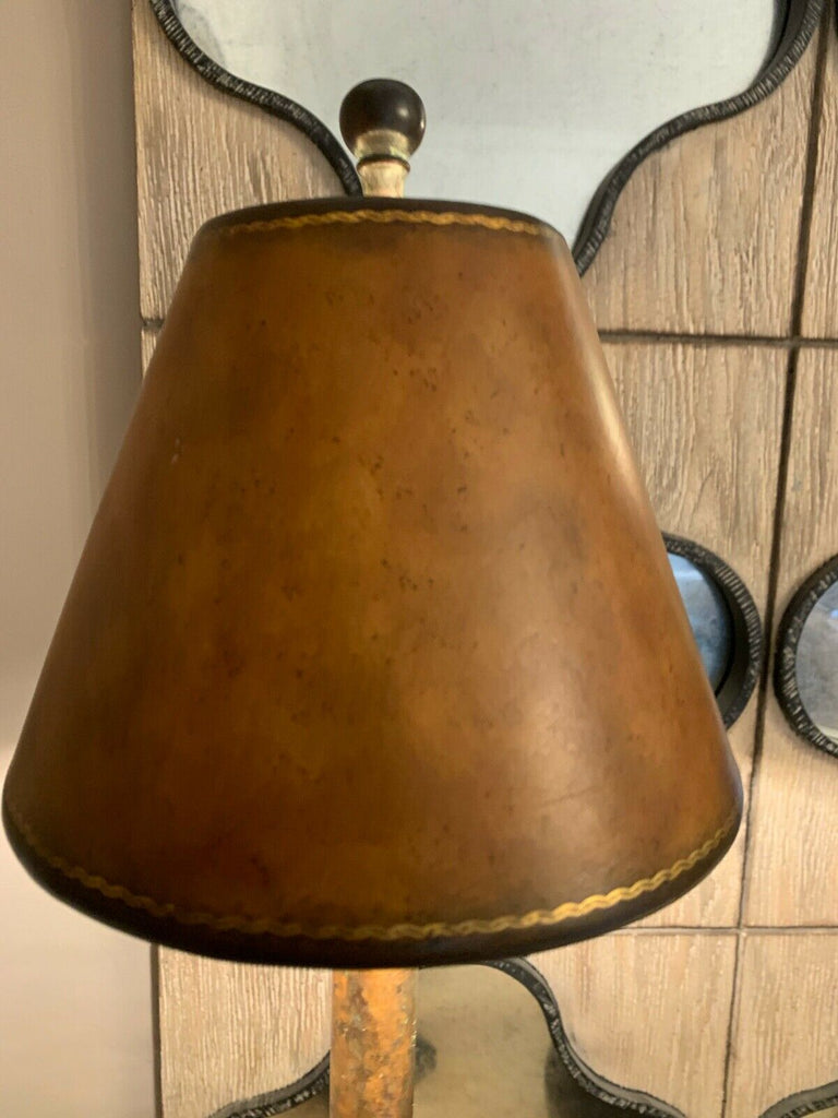Impressive Maitland Smith extra tall Swan table lamp, leather and metallic shade