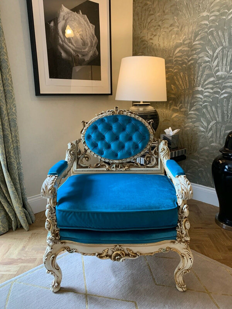 Genuine Silik Italian rococo armchair with George smith turquoise fabric