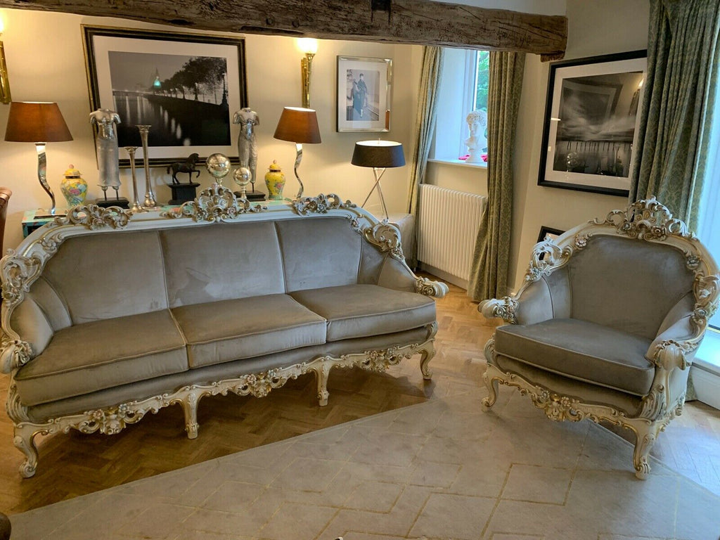 Genuine Silik rococo Italian Suite sofa & chair covered with George Smith fabric