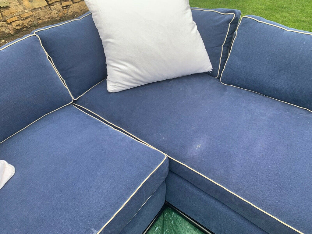 HUGE Blue linen & white piping 355cm wide feather filled L shaped corner sofa