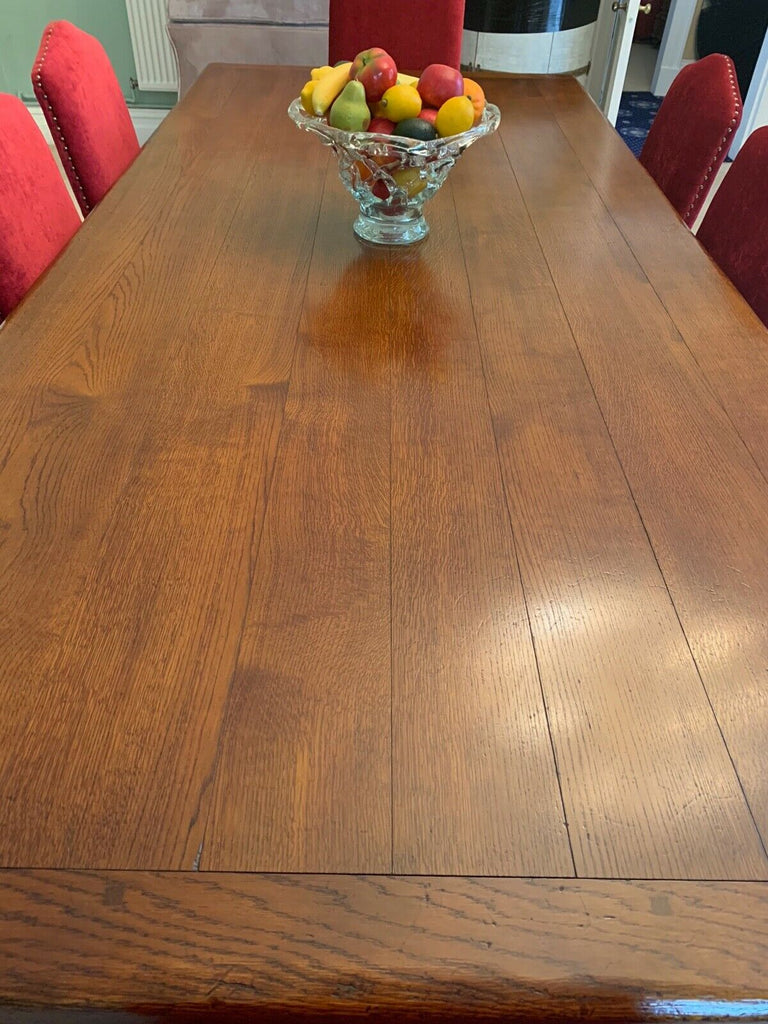 Royal Oak Extra Large solid Oak Jacobean dining table & 8 red velvet chairs