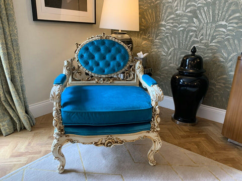 Genuine Silik Italian rococo armchair with George smith turquoise fabric