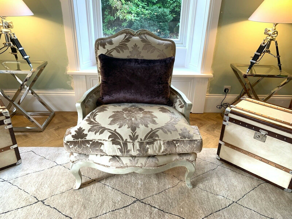 Duresta Opera oversized armchair antiqued gilt silver frame,