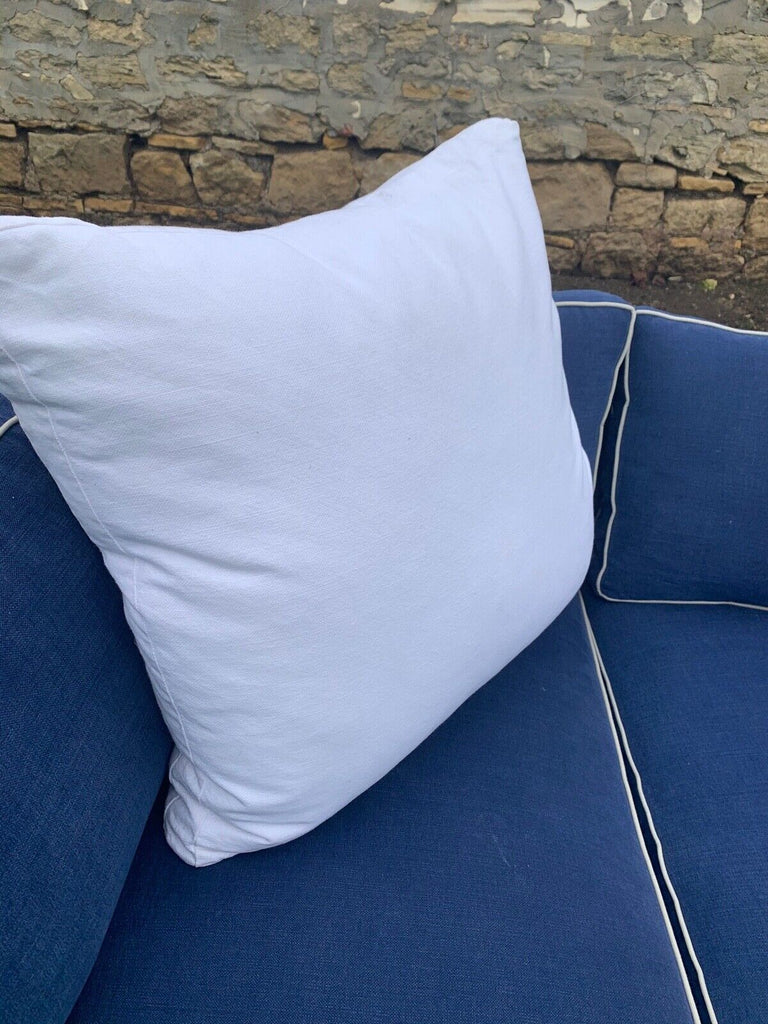 HUGE Blue linen & white piping 355cm wide feather filled L shaped corner sofa