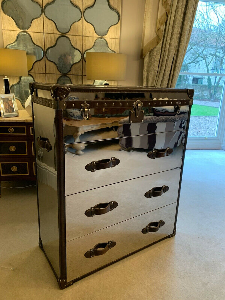 Andrew Martin Chrome metal & Leather howard trunk chest rrp £2285