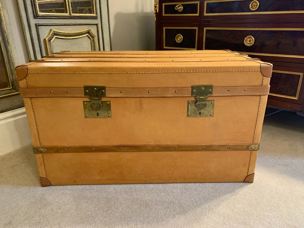 Harrods retailed Tan leather large steamer trunk chest, leather wood & Brass