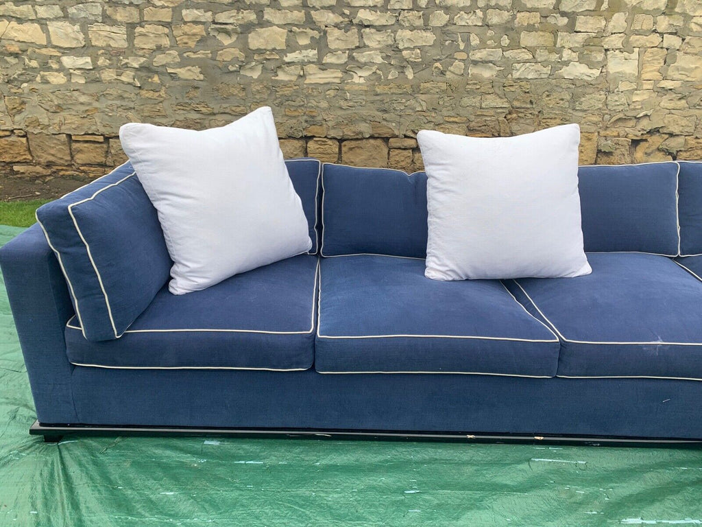 HUGE Blue linen & white piping 355cm wide feather filled L shaped corner sofa