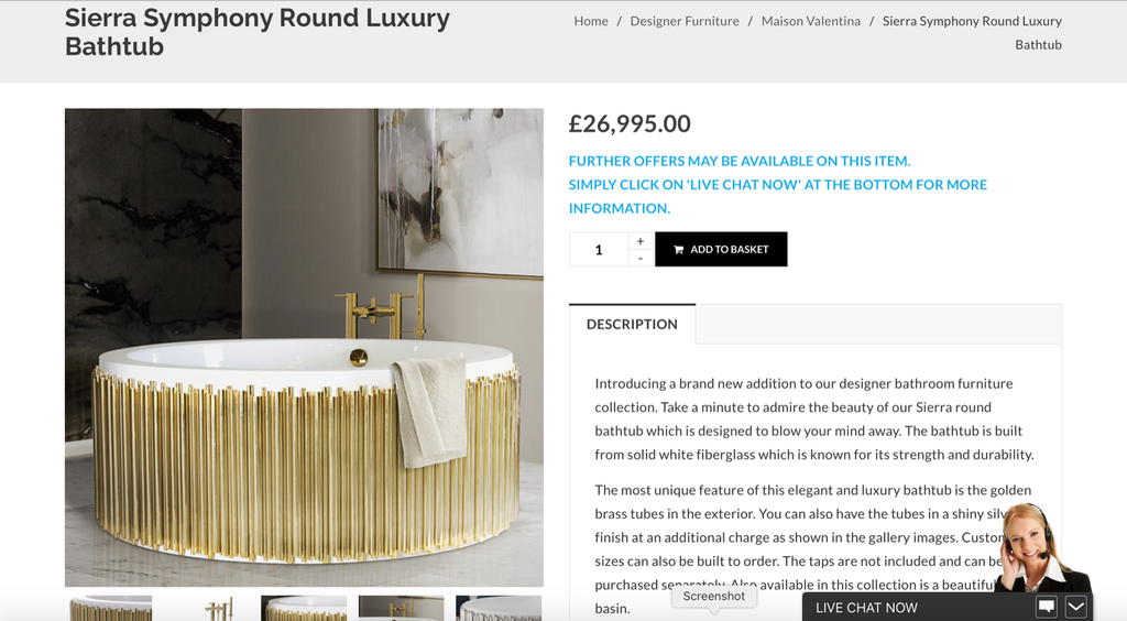 Ex Showhome, Maison Valentina Sierra Symphony round gold bath & taps rrp £26,999