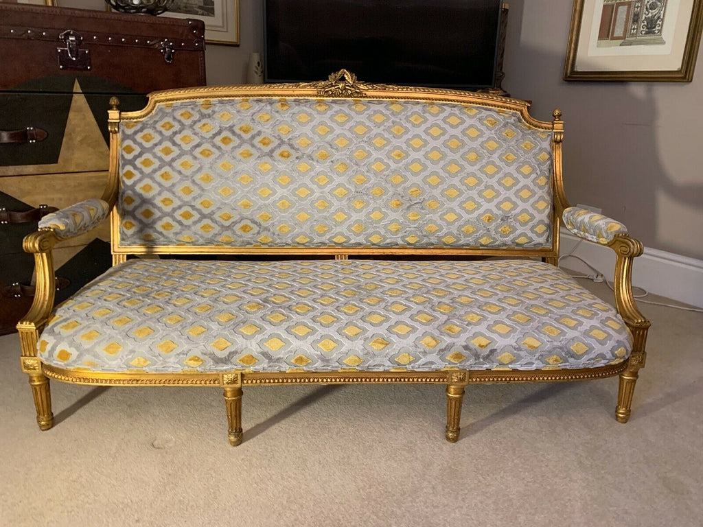 Harrods Retailed Boffi Gold Gilt salon sofa settee, mustard & silver ikat Velvet