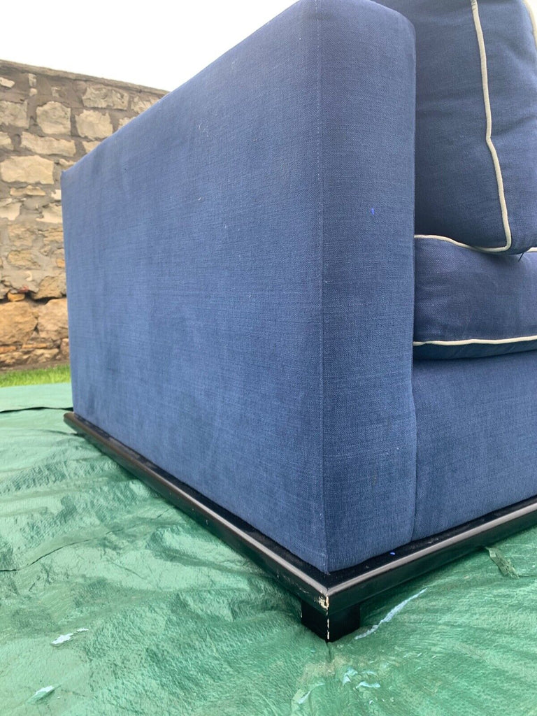 HUGE Blue linen & white piping 355cm wide feather filled L shaped corner sofa