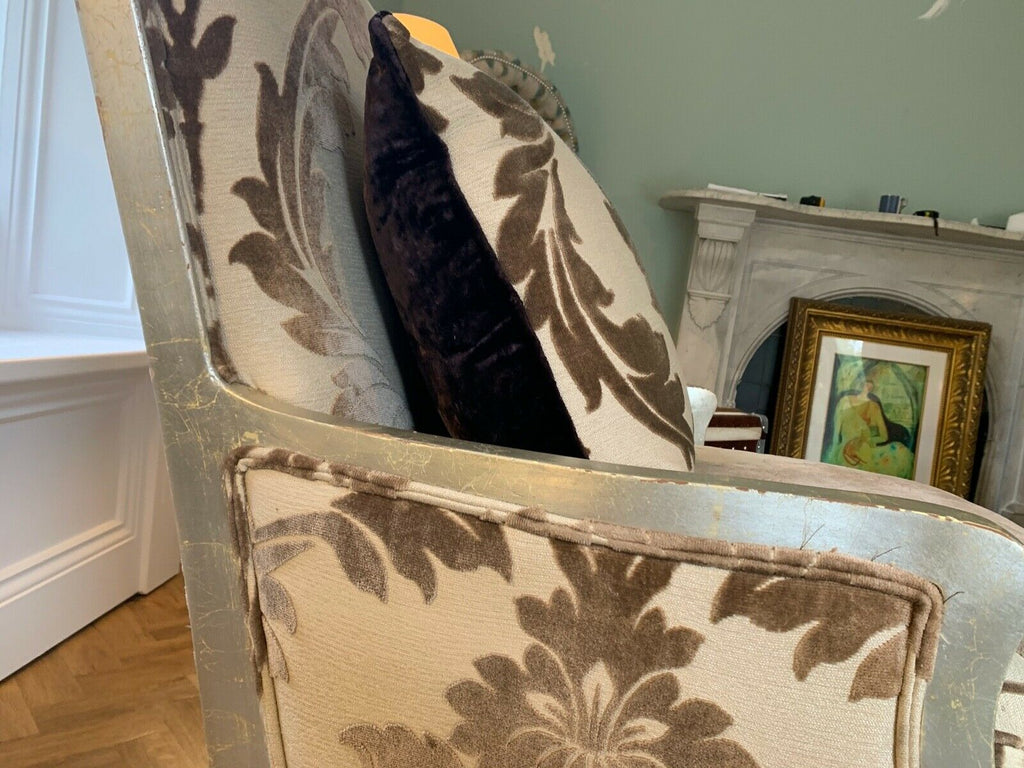 Duresta Opera oversized armchair antiqued gilt silver frame,