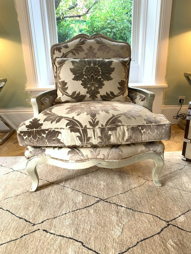 Duresta Opera oversized armchair antiqued gilt silver frame,