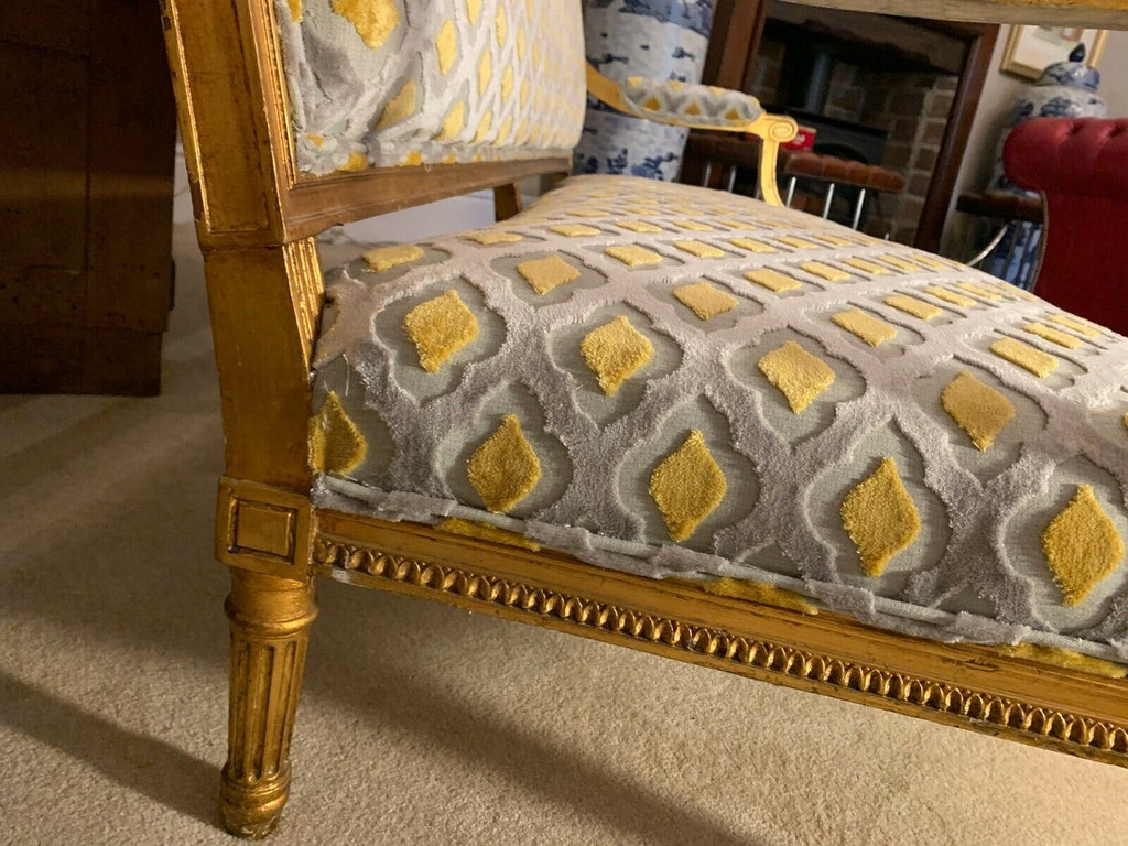 Harrods Retailed Boffi Gold Gilt salon sofa settee, mustard & silver ikat Velvet